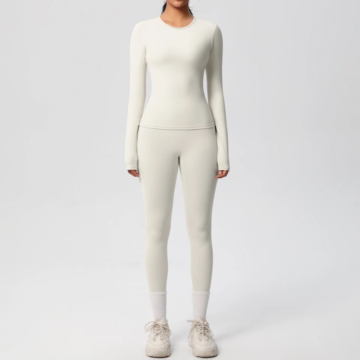 Women Running Tracksuit Long Sleeve Gym Fitness Clothes Workout Top High Waist Yoga Pants Leggings Two-Piece Set for Women - Light Ivory 5