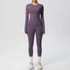 Women Running Tracksuit Long Sleeve Gym Fitness Clothes Workout Top High Waist Yoga Pants Leggings Two-Piece Set for Women - Grayish Purple 14