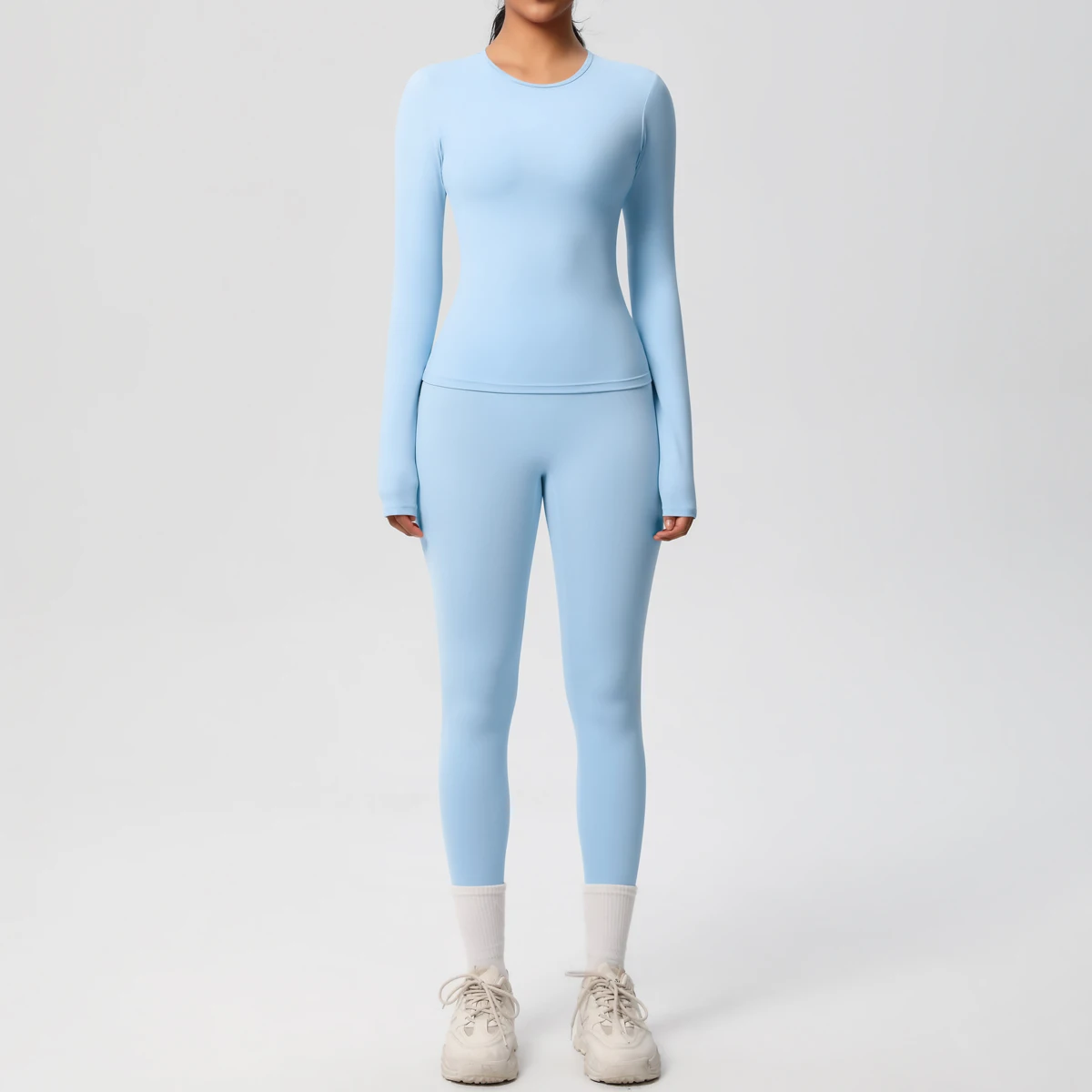 Women Running Tracksuit Long Sleeve Gym Fitness Clothes Workout Top High Waist Yoga Pants Leggings Two-Piece Set for Women - Sky Blue 8