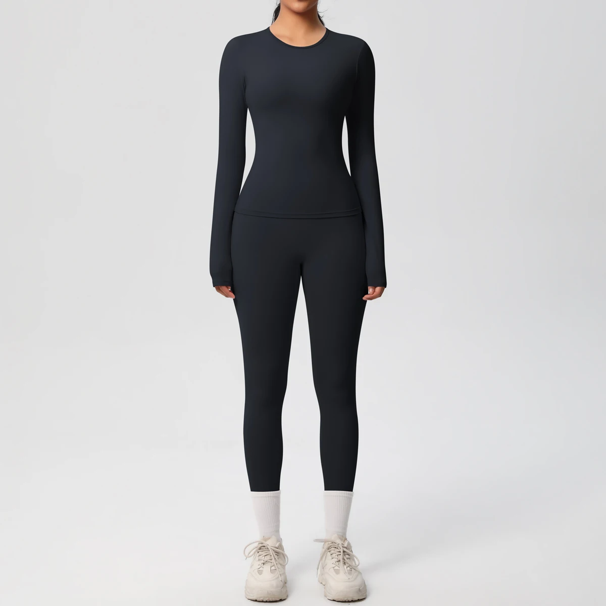 Women Running Tracksuit Long Sleeve Gym Fitness Clothes Workout Top High Waist Yoga Pants Leggings Two-Piece Set for Women - Black 2