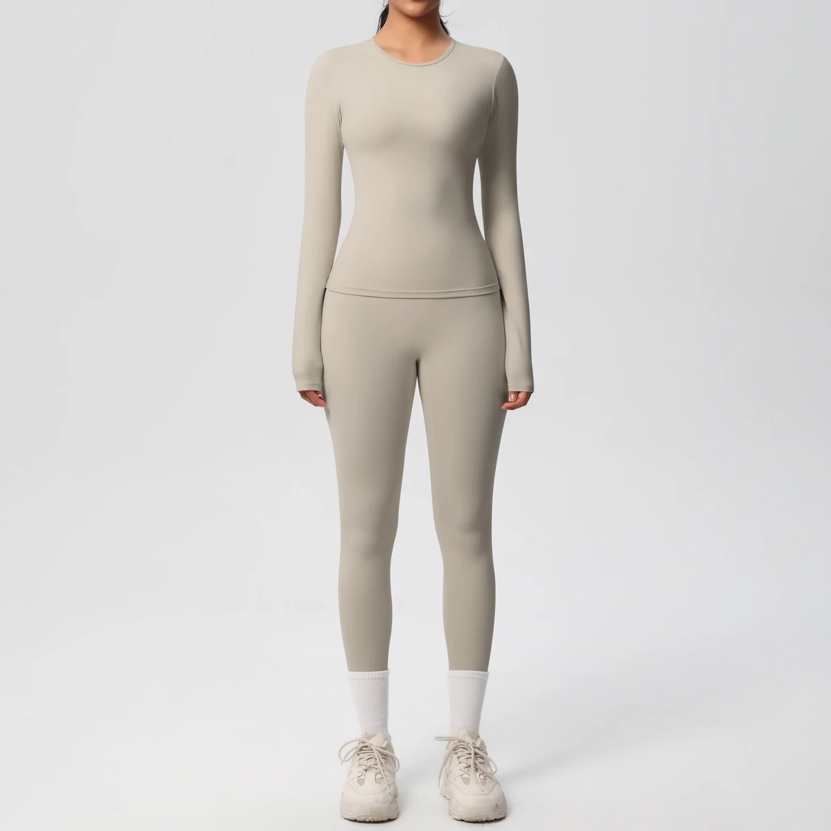 Women Running Tracksuit Long Sleeve Gym Fitness Clothes Workout Top High Waist Yoga Pants Leggings Two-Piece Set for Women - Flaxen 12