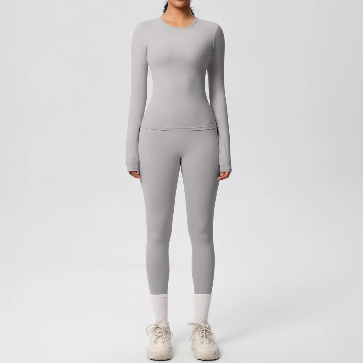 Women Running Tracksuit Long Sleeve Gym Fitness Clothes Workout Top High Waist Yoga Pants Leggings Two-Piece Set for Women - Light Grey 7