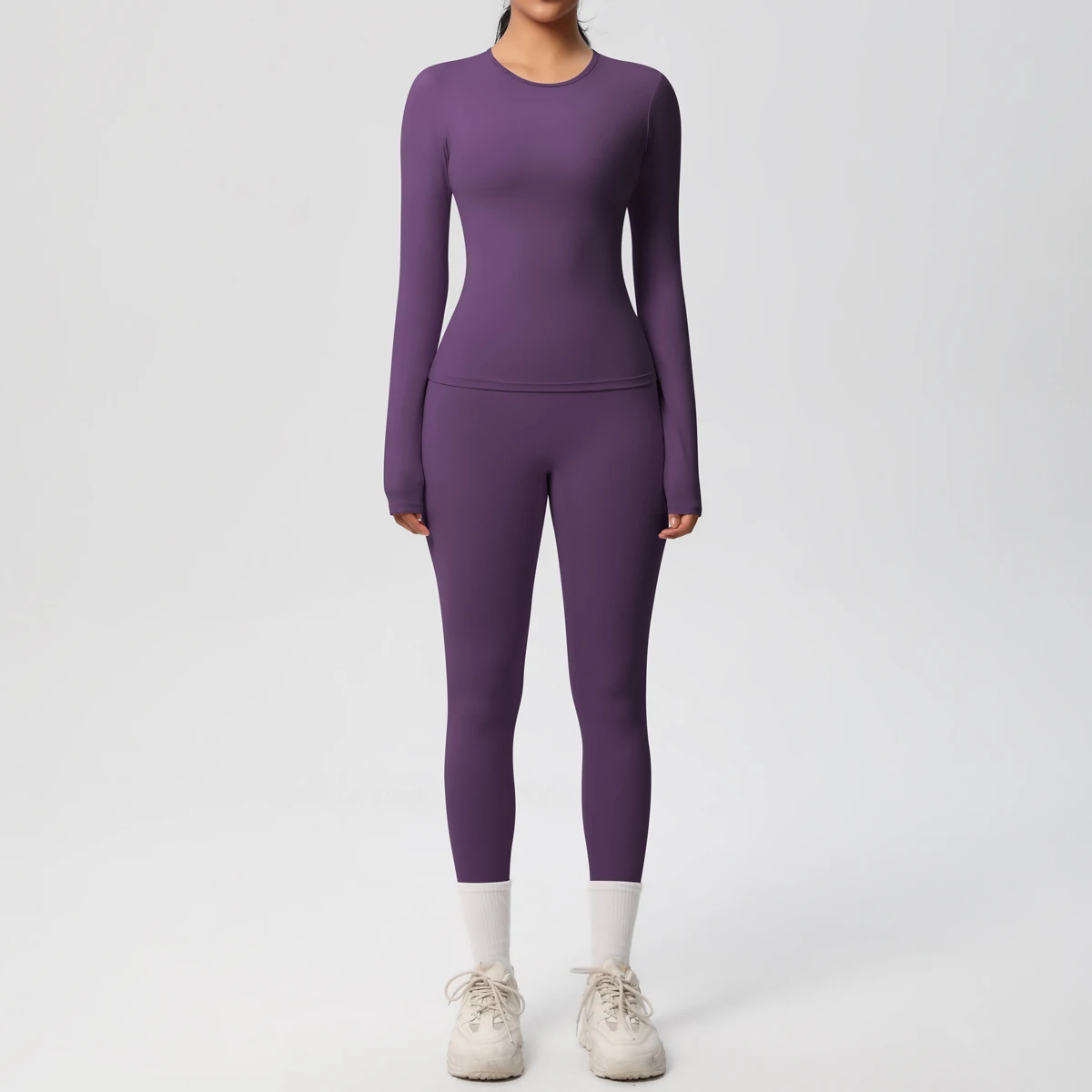 Women Running Tracksuit Long Sleeve Gym Fitness Clothes Workout Top High Waist Yoga Pants Leggings Two-Piece Set for Women - Purple 11