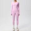 Women Running Tracksuit Long Sleeve Gym Fitness Clothes Workout Top High Waist Yoga Pants Leggings Two-Piece Set for Women - Pink 10